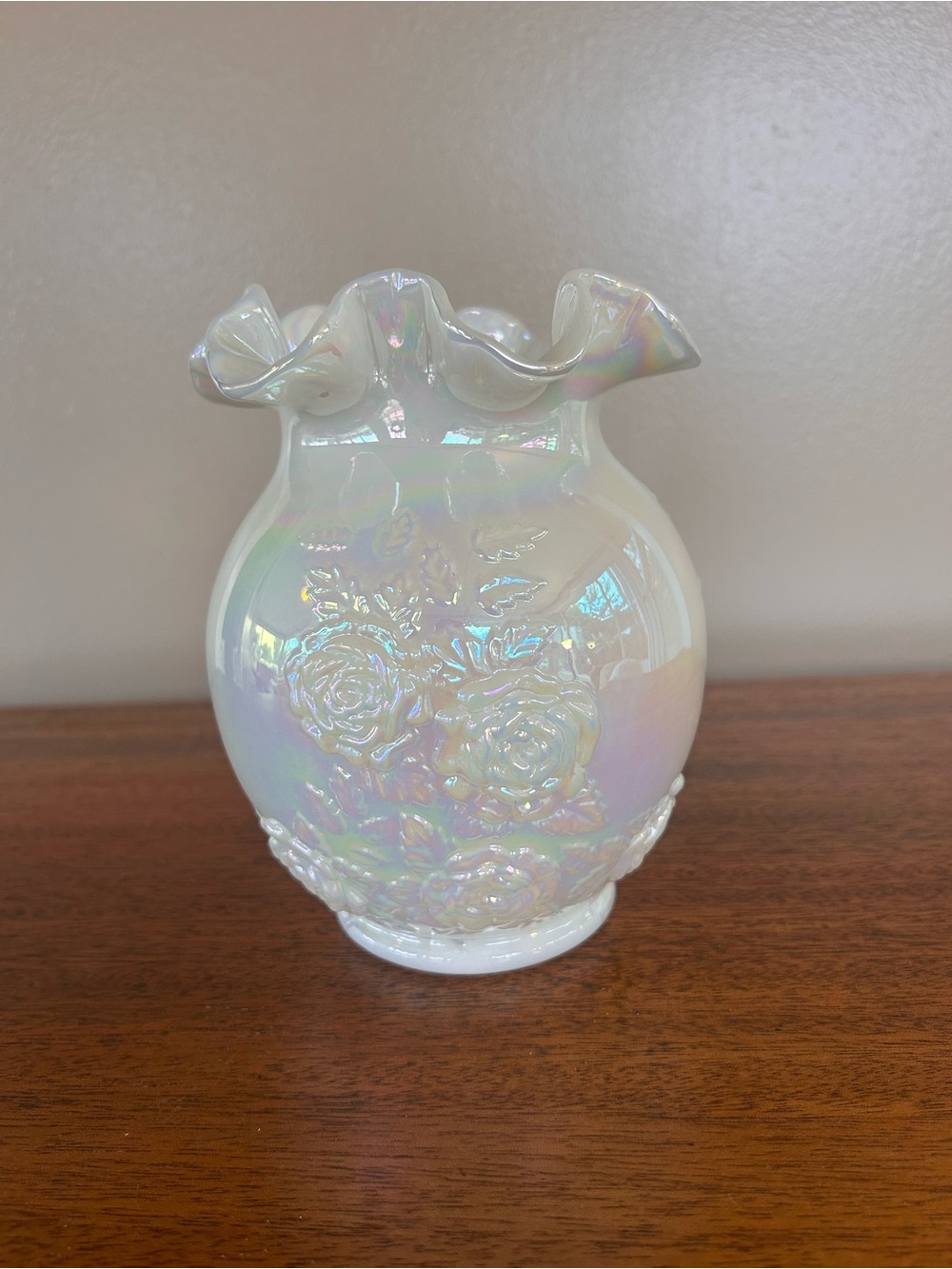 Fenton Glass White Opalescent Iridescent Rose Ruffle Vase 6.25” Ruffles Flowers